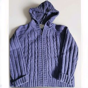 Carraig Donn Purple Wool Zip Hooded Cable Knit Fishermans Sweater Ireland Sz LG
